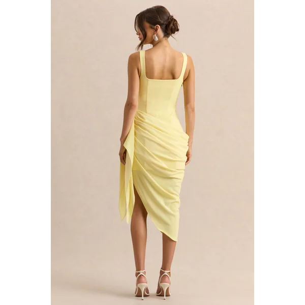 Letitia | Robe mi-longue citron portefeuille ornée à encolure arrondie