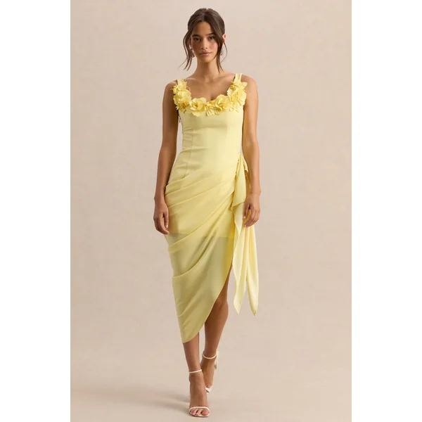 Letitia | Robe mi-longue citron portefeuille ornée à encolure arrondie