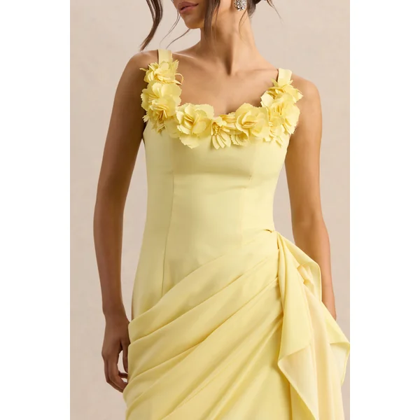 Letitia | Robe mi-longue citron portefeuille ornée à encolure arrondie