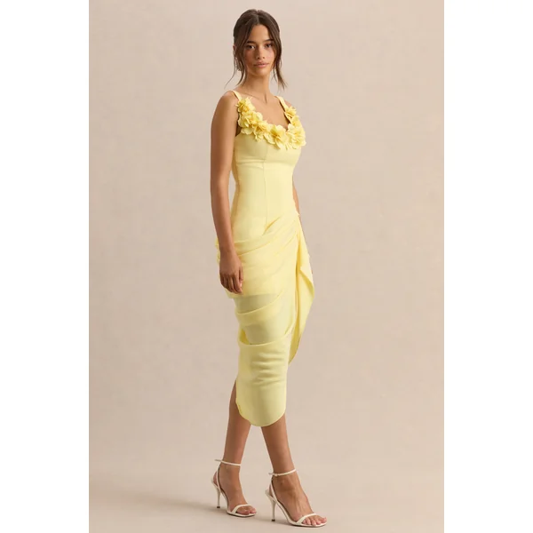 Letitia | Robe mi-longue citron portefeuille ornée à encolure arrondie