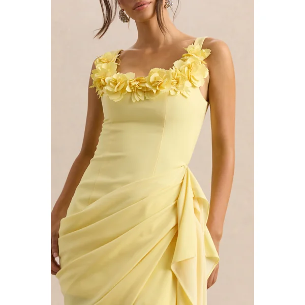 Letitia | Robe mi-longue citron portefeuille ornée à encolure arrondie