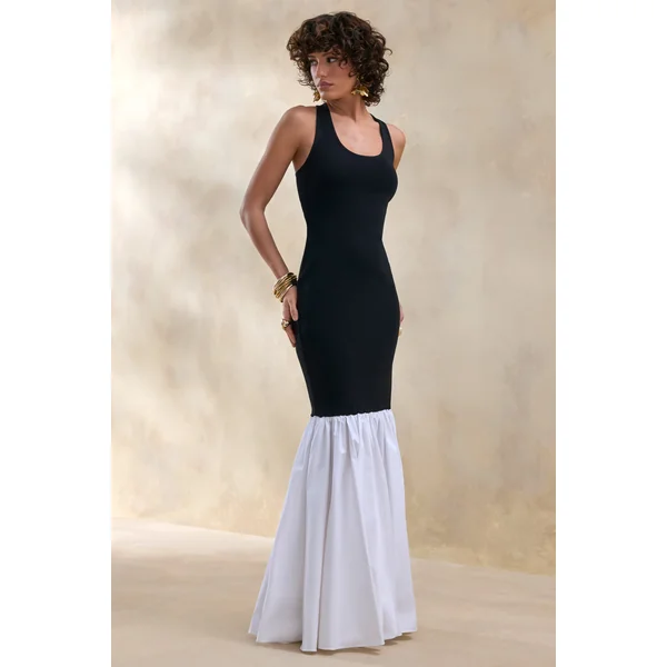 Lexi | Robe longue noir et blanc à encolure carrée avec ourlet sirène