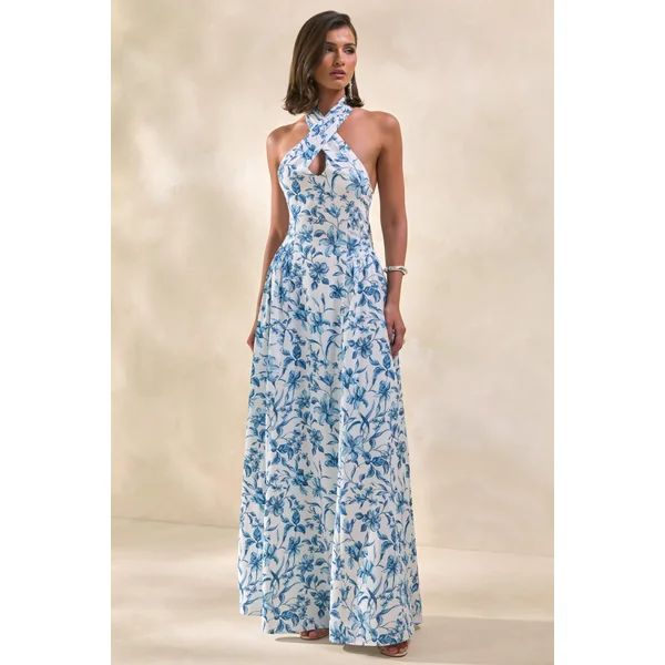 Liana | Robe longue à encolure dos nu avec imprimé porcelaine bleu