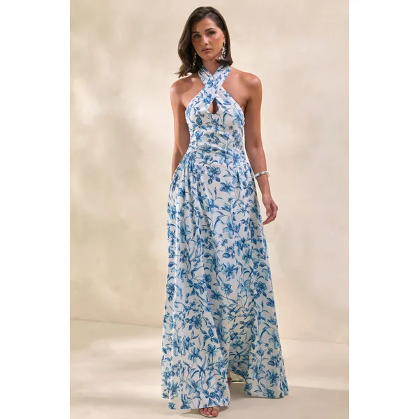Liana | Robe longue à encolure dos nu avec imprimé porcelaine bleu
