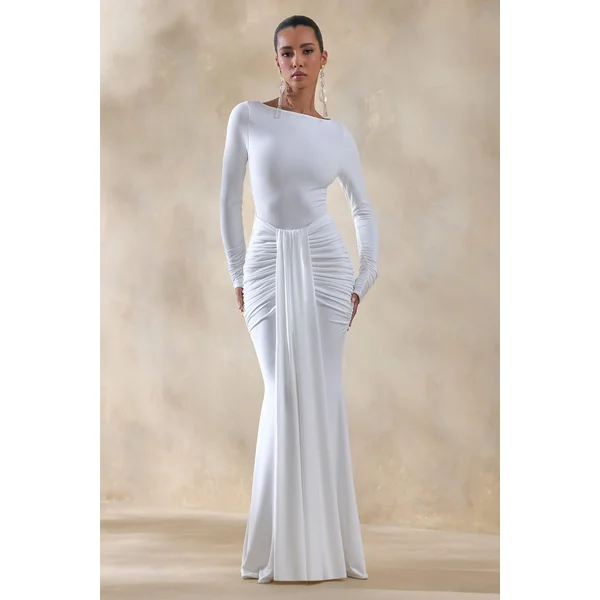 Liatris | Robe longue blanche à encolure large avec détails froncés