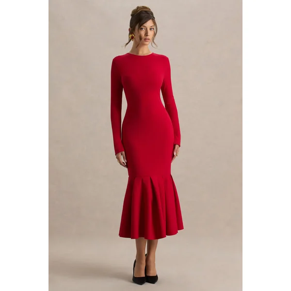 Liberty | Robe longue rouge coupe sirène à col montant avec détail volanté