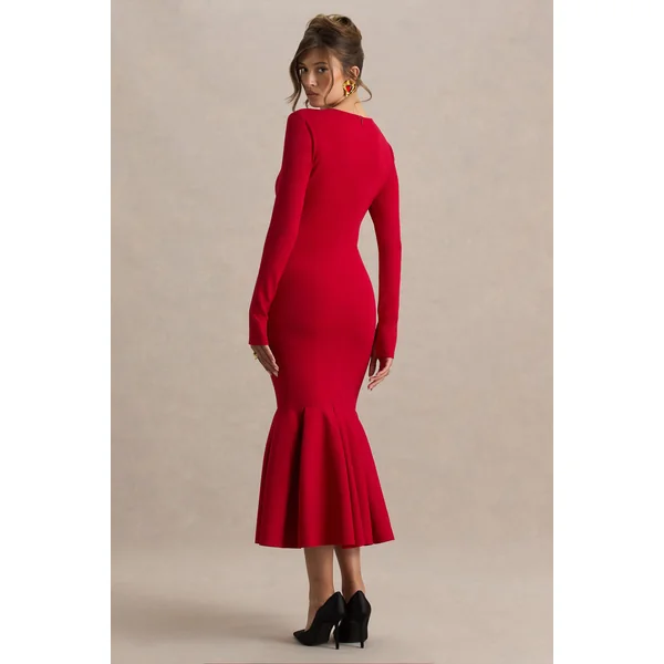 Liberty | Robe longue rouge coupe sirène à col montant avec détail volanté