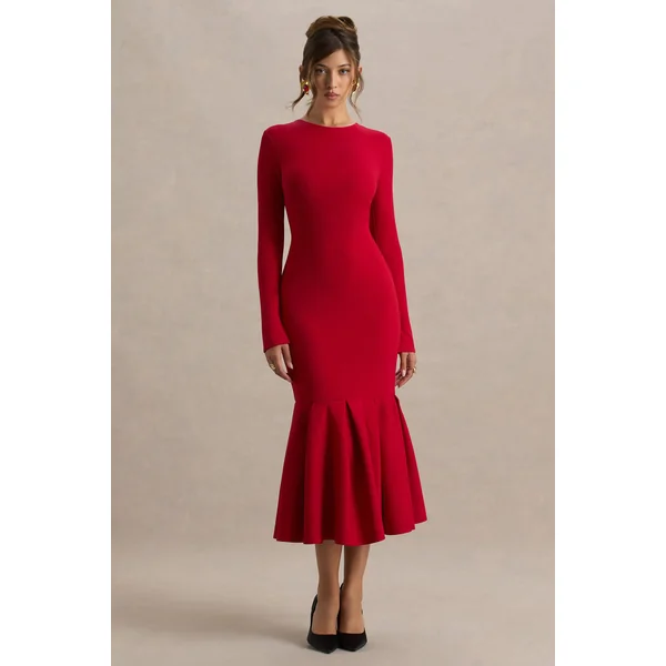 Liberty | Robe longue rouge coupe sirène à col montant avec détail volanté