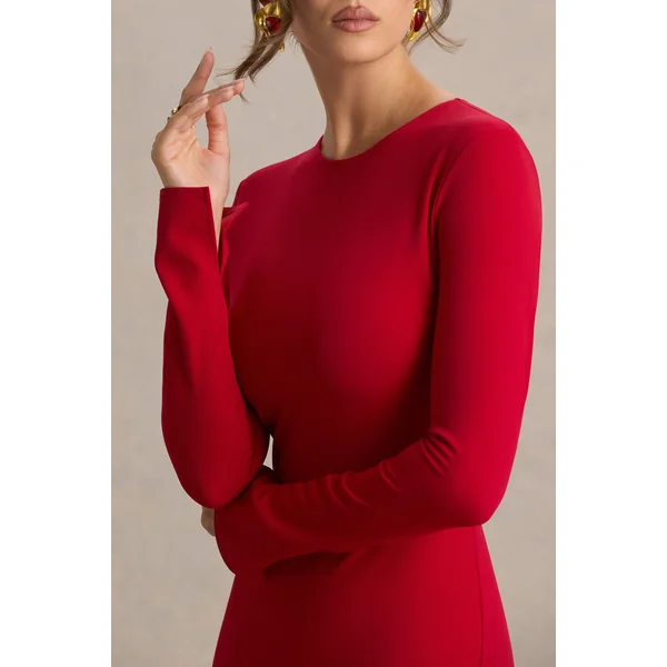 Liberty | Robe longue rouge coupe sirène à col montant avec détail volanté