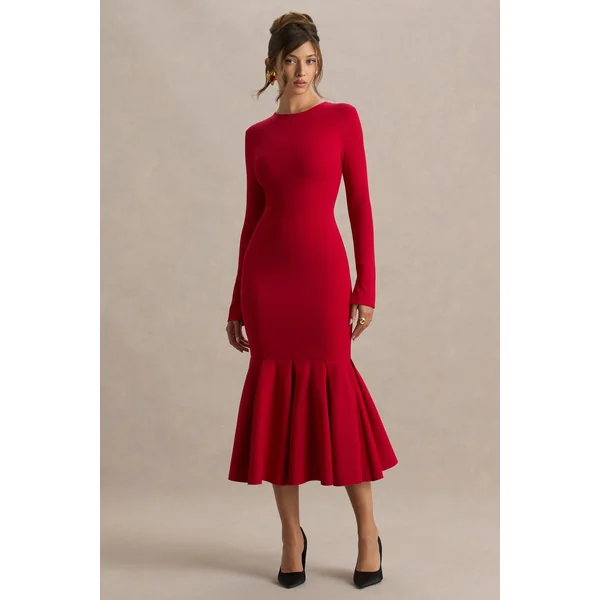 Liberty | Robe longue rouge coupe sirène à col montant avec détail volanté