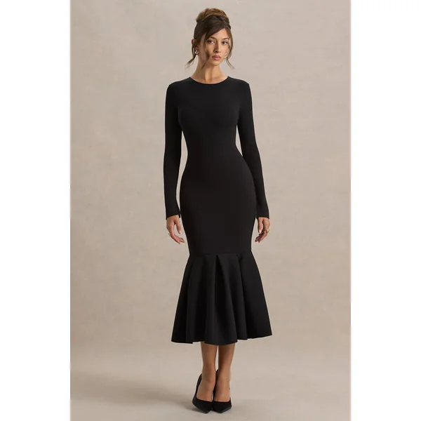 Liberty | Robe longue sirène noire à encolure haute avec détail froncé
