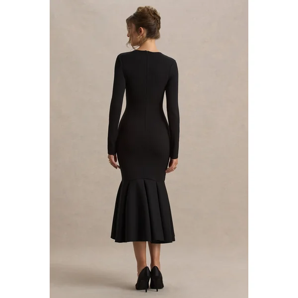 Liberty | Robe longue sirène noire à encolure haute avec détail froncé