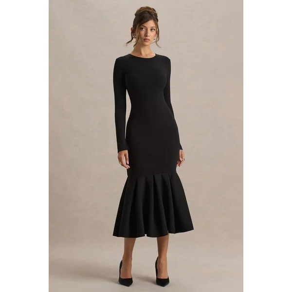Liberty | Robe longue sirène noire à encolure haute avec détail froncé