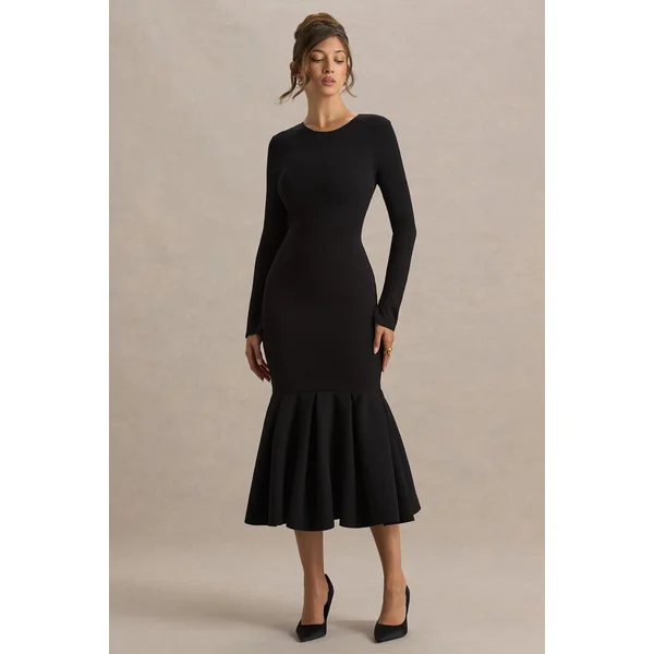 Liberty | Robe longue sirène noire à encolure haute avec détail froncé