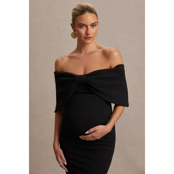 Libra | Robe longue de maternité Bardot noire avec nœud