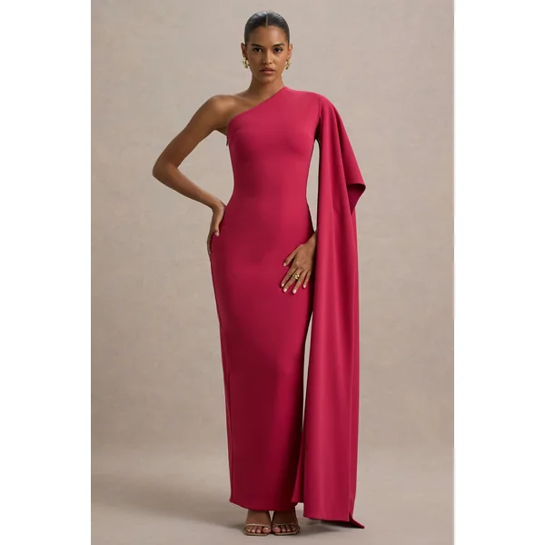 Lily | Robe longue asymétrique rose vif et bordeaux avec manche cape