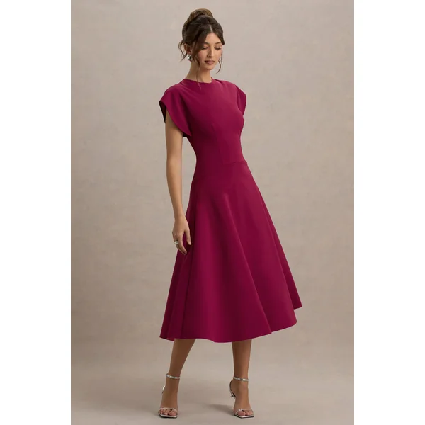 Linda | Robe Mi-Longue Cerise Foncée à Col Haut et Manches Courtes