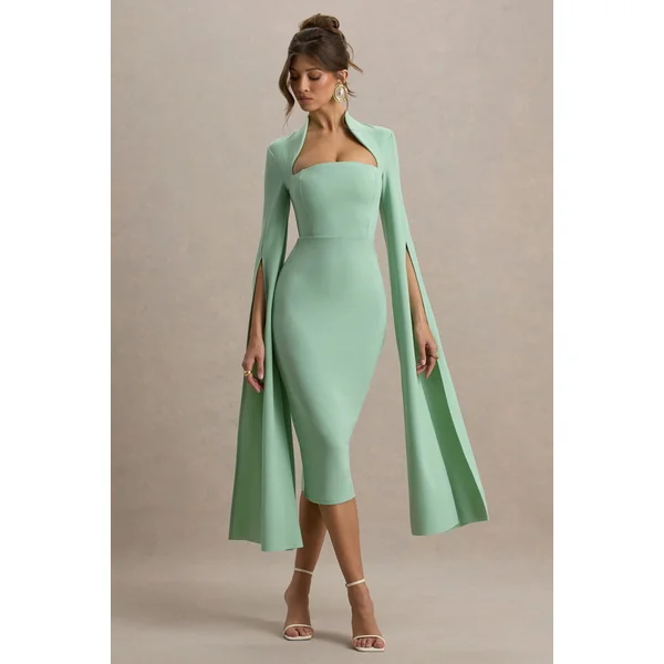 Linden | Robe Mi-Longue Moulante Vert Clair à Manche Cape