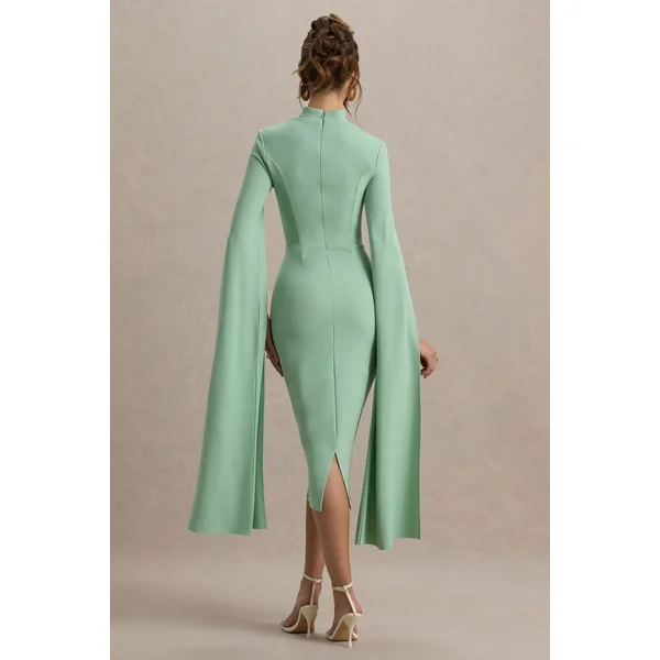 Linden | Robe Mi-Longue Moulante Vert Clair à Manche Cape