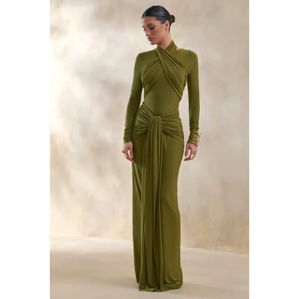 Linessa | Robe longue olive à encolure haute avec écharpe et détails froncés