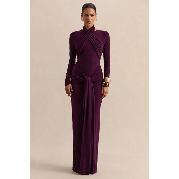 Linessa | Robe longue prune foncé à encolure haute avec écharpe et détails froncés