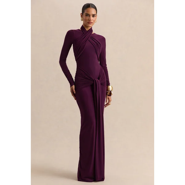 Linessa | Robe longue prune foncé à encolure haute avec écharpe et détails froncés