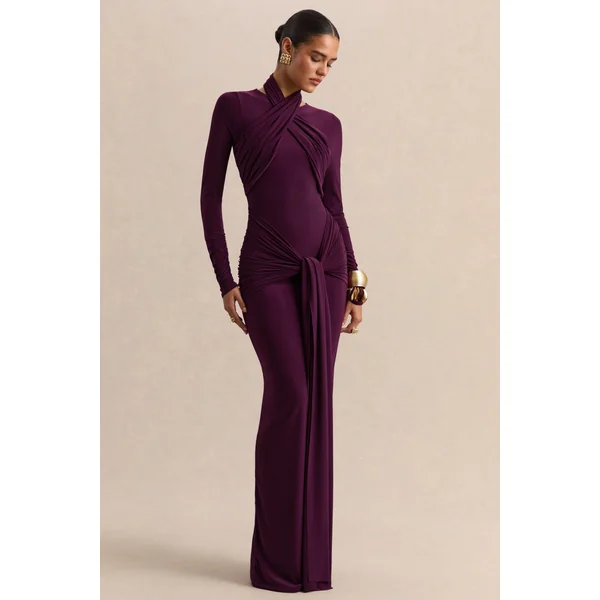 Linessa | Robe longue prune foncé à encolure haute avec écharpe et détails froncés