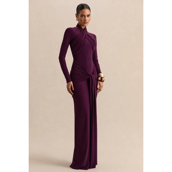 Linessa | Robe longue prune foncé à encolure haute avec écharpe et détails froncés