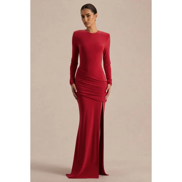 Liora | Robe longue rouge à col montant avec fente avant haute