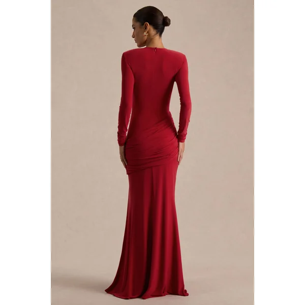 Liora | Robe longue rouge à col montant avec fente avant haute