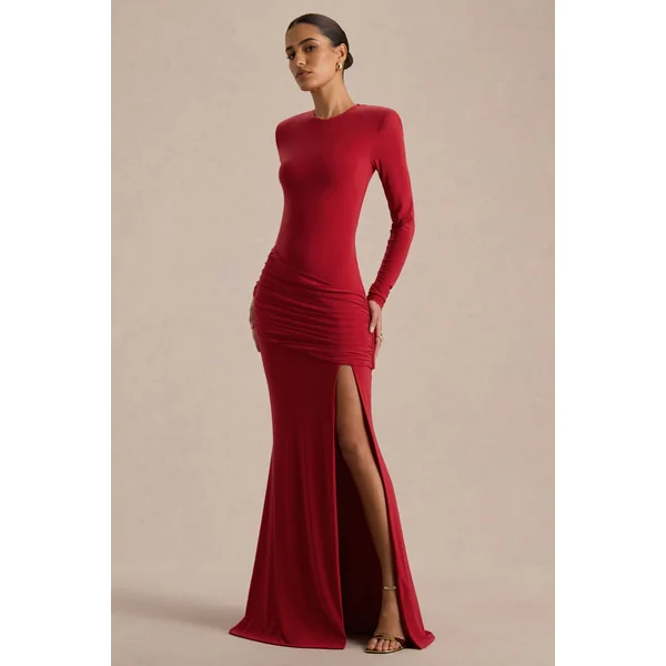 Liora | Robe longue rouge à col montant avec fente avant haute