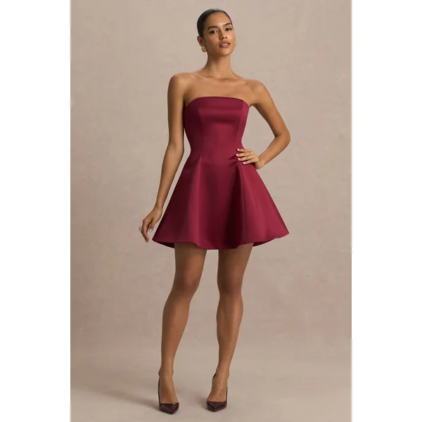Lioray | Mini-robe en satin bordeaux à encolure bandeau et coupe évasée