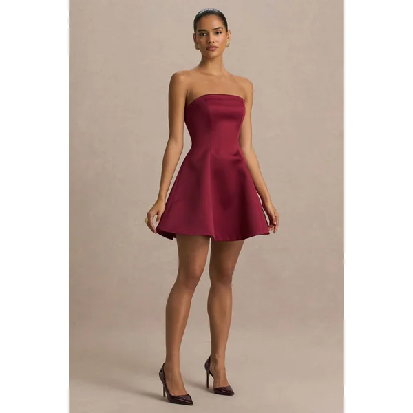 Lioray | Mini-robe en satin bordeaux à encolure bandeau et coupe évasée