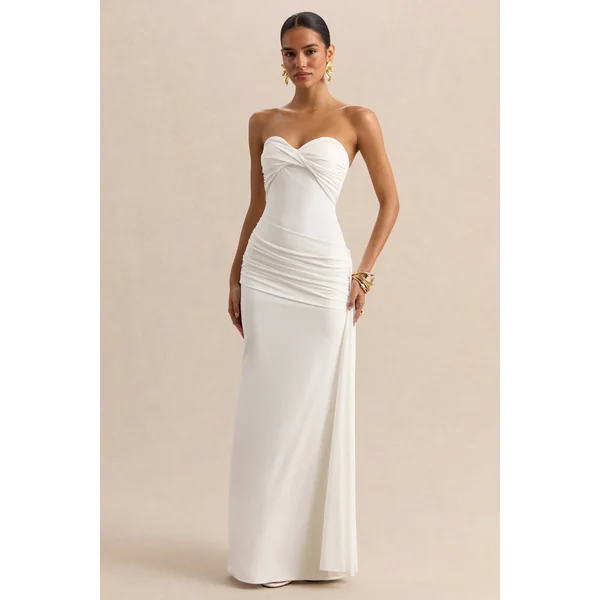 Liramine | Robe longue bandeau blanche avec détails froncés et écharpe