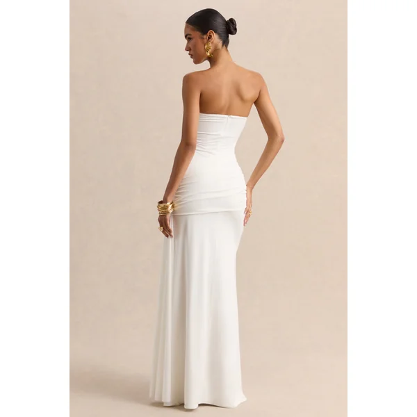 Liramine | Robe longue bandeau blanche avec détails froncés et écharpe