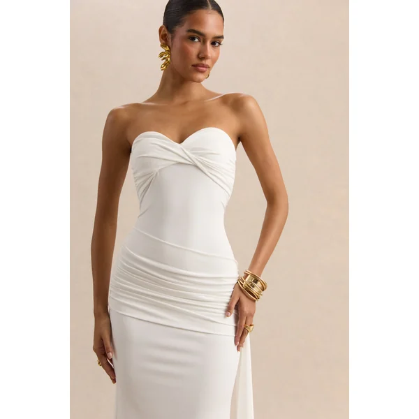 Liramine | Robe longue bandeau blanche avec détails froncés et écharpe