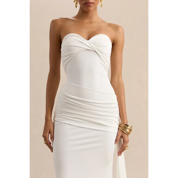 Liramine | Robe longue bandeau blanche avec détails froncés et écharpe
