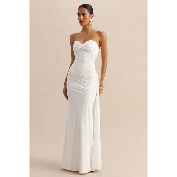 Liramine | Robe longue bandeau blanche avec détails froncés et écharpe