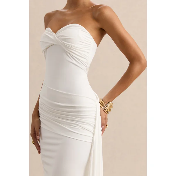 Liramine | Robe longue bandeau blanche avec détails froncés et écharpe