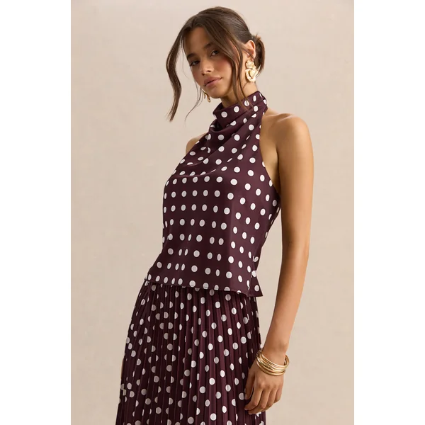 Lirona | Top Marron à Pois en Satin à Col Montant