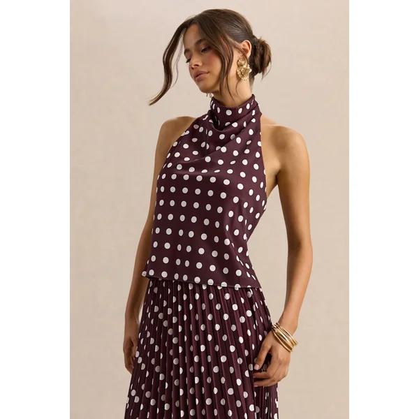 Lirona | Top Marron à Pois en Satin à Col Montant