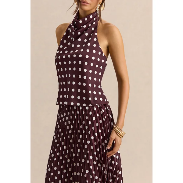 Lirona | Top Marron à Pois en Satin à Col Montant