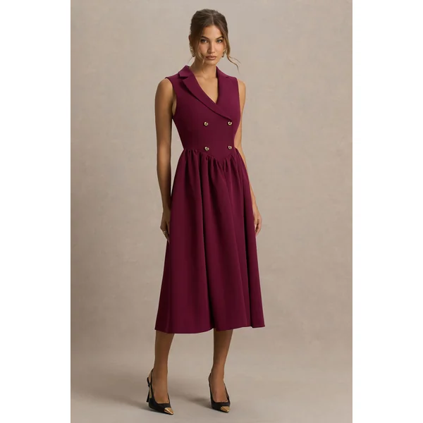 Lisa | Robe mi-longue bordeaux à décolleté plongeant et coupe tailleur