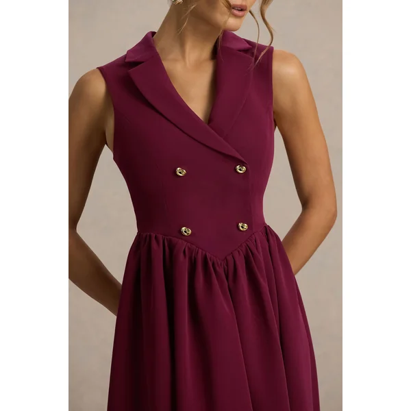 Lisa | Robe mi-longue bordeaux à décolleté plongeant et coupe tailleur