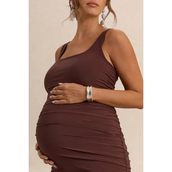 Lisbon | Robe de maternité mi-longue marron à décolleté carré et fronces intégrales