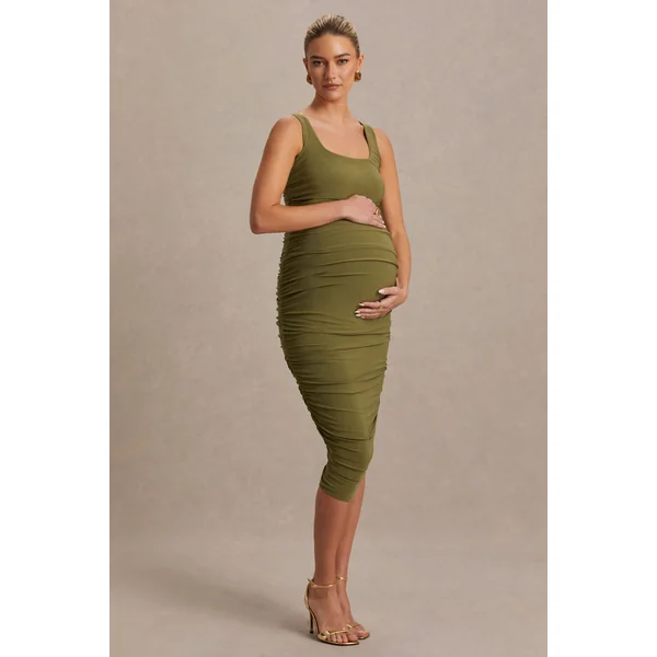 Lisbon | Robe de maternité mi-longue olive à décolleté carré et fronces