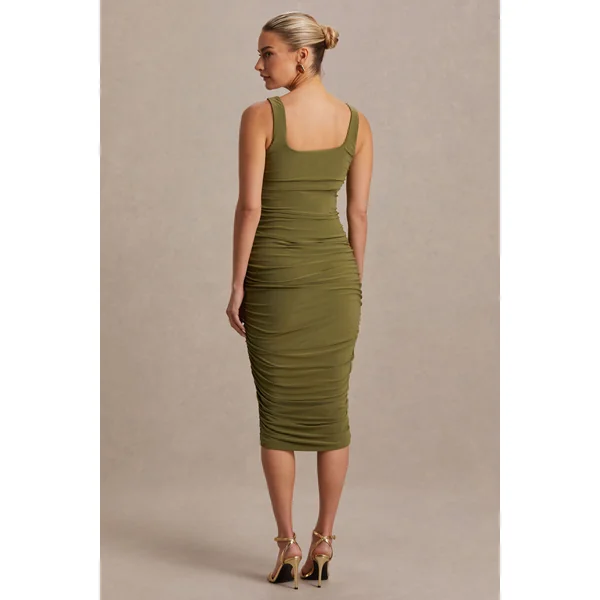 Lisbon | Robe de maternité mi-longue olive à décolleté carré et fronces