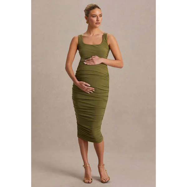 Lisbon | Robe de maternité mi-longue olive à décolleté carré et fronces