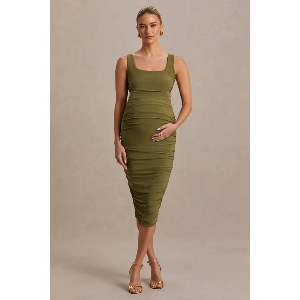 Lisbon | Robe de maternité mi-longue olive à décolleté carré et fronces
