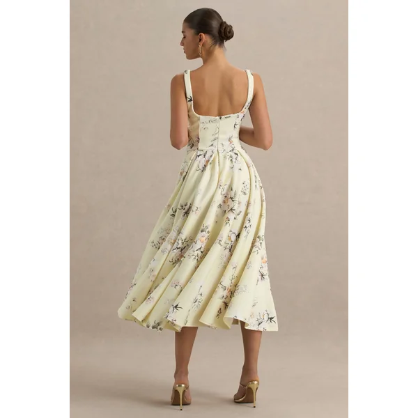 Lissa | Robe mi-longue à col carré avec imprimé bouquet floral citron